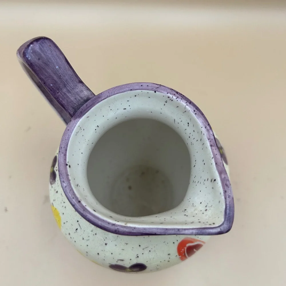 Julie Ueland Enesco Ceramic Pitcher Floral Tulip Purple Hand Painted 2000 Vtg